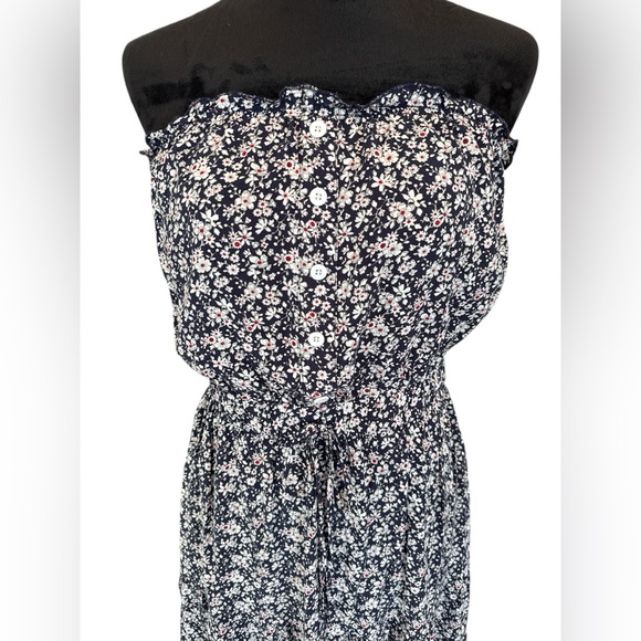 Navy & White Floral Strapless Mini Dress Size M Summer Cottagecore Boho Chic - Picture 2 of 11